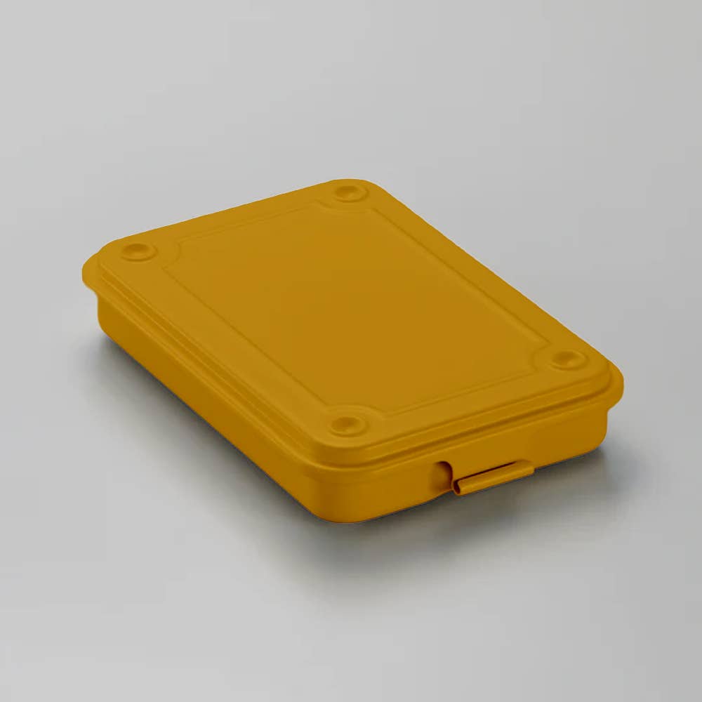 Toyo steel stackable storage box in mustard yellow, shown closed