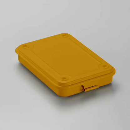 Toyo steel stackable storage box in mustard yellow, shown closed