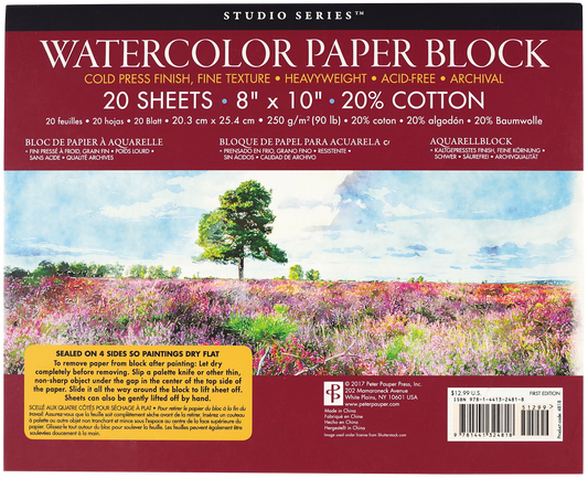 Watercolor paper block packaging with cold-press paper, 20 sheets, archival quality
