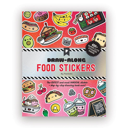 Food sticker book cover with colorful illustrated foods and draw-along sticker title