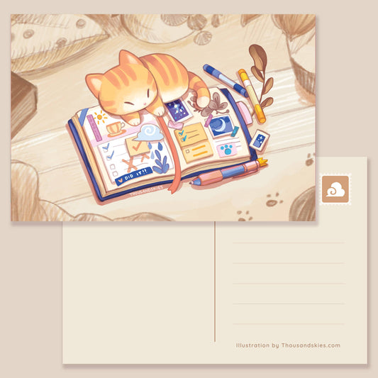 Cat illustration postcard with sleepy orange kitten, pens, and lined writing side