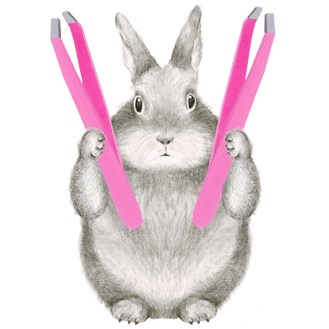 Gray rabbit illustration on greeting card holding pink striped bars, close-up framing
