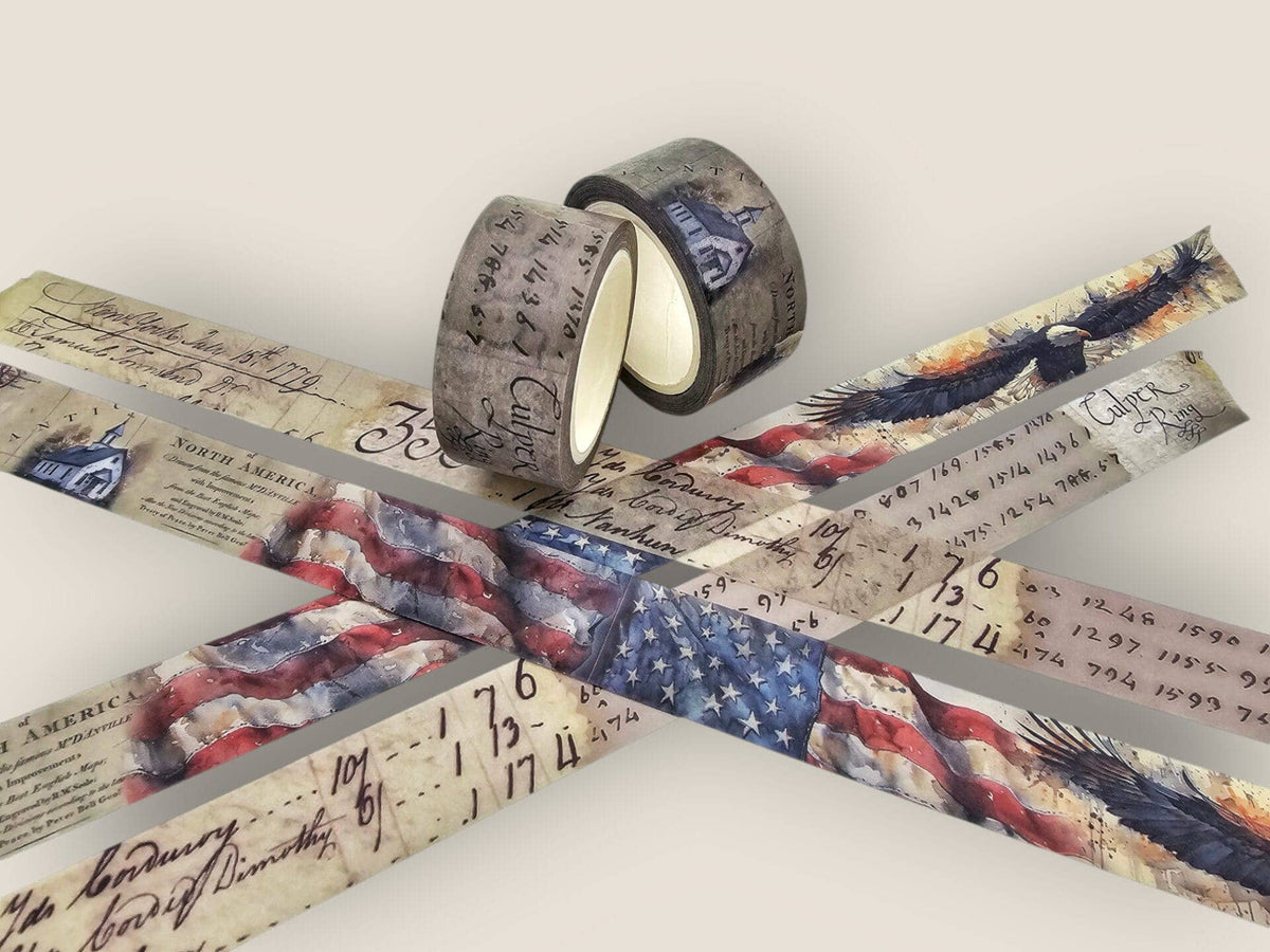 Washi tape set with America-themed patterned strips and two rolls, star-and-flag design