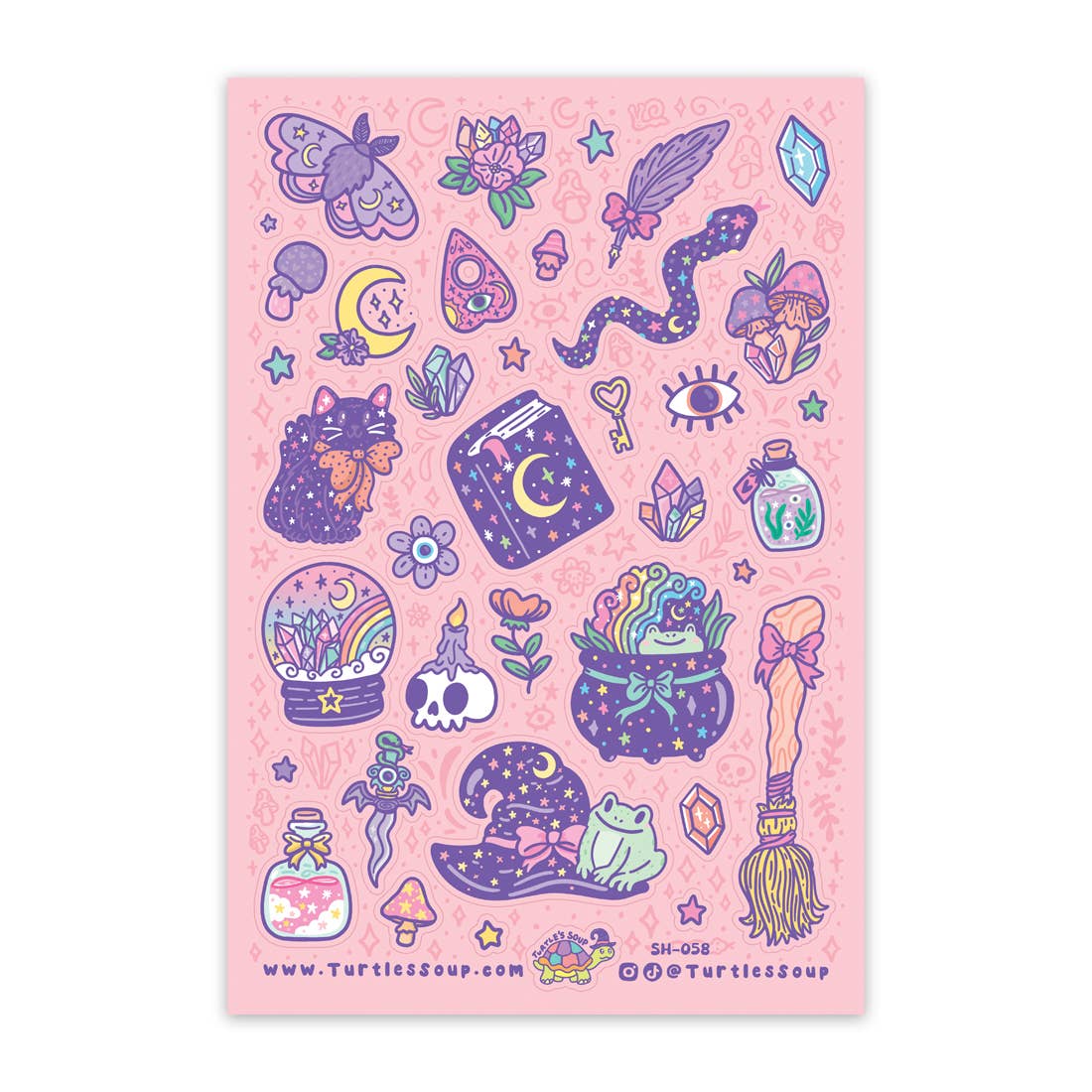 Pastel goth sticker sheet with glittery witch, moon, crystal, and skull icons
