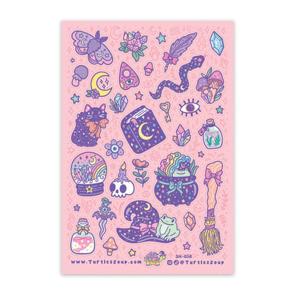 Pastel goth sticker sheet with glittery witch, moon, crystal, and skull icons