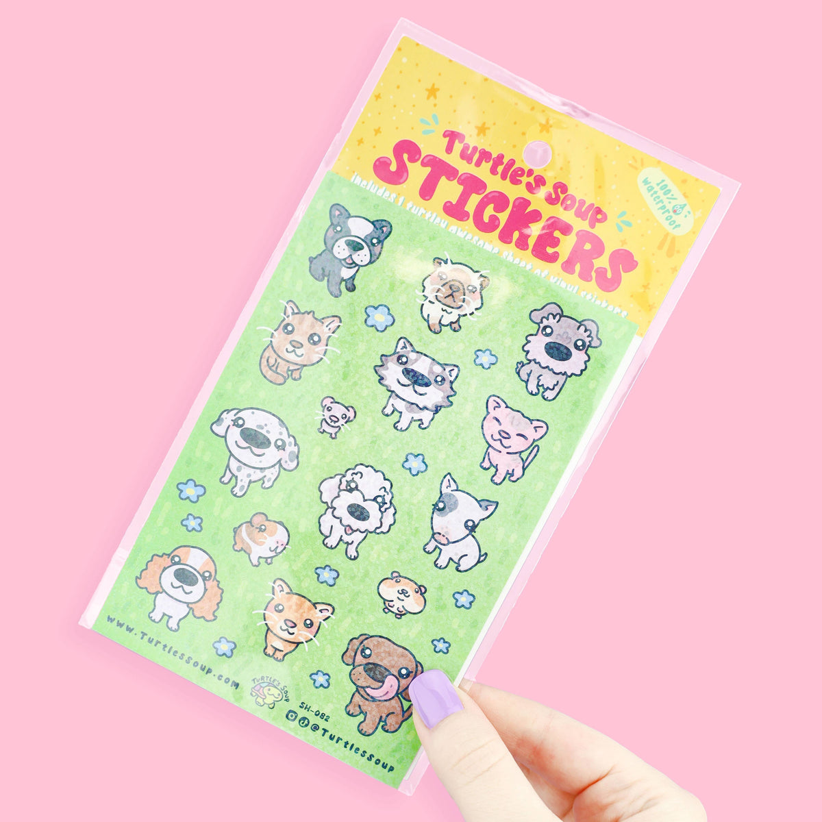 Hand holding cute animal sticker sheet with big-head pets and star accents