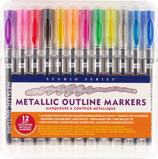 Metallic outline marker set with 12 silver-shimmer tips in a clear display case