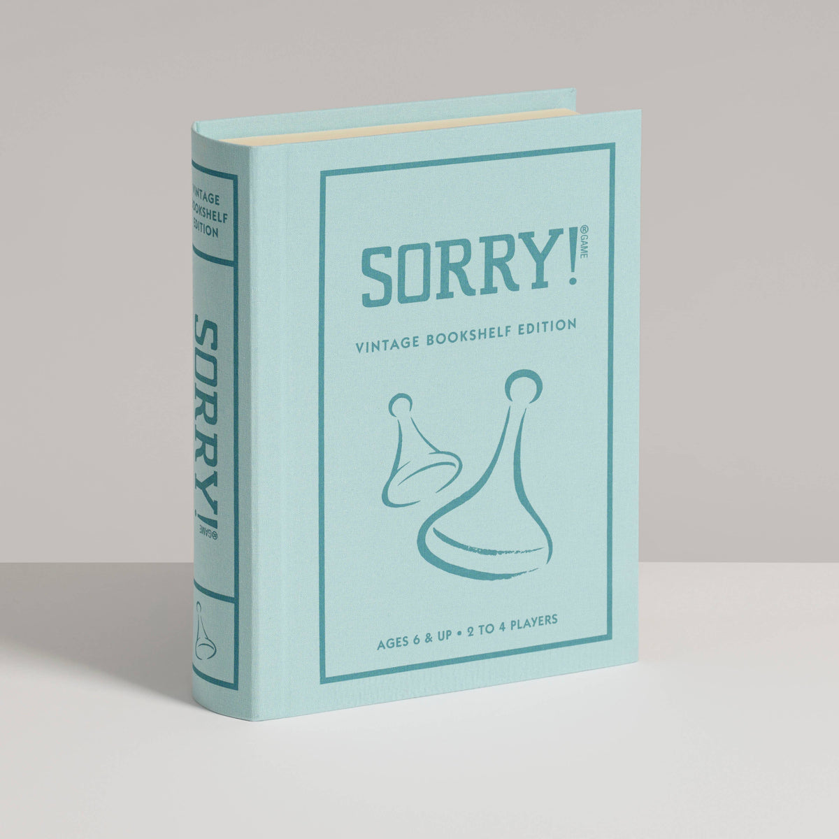 Sorry! vintage bookshelf edition game box, teal cover with logo and illustration