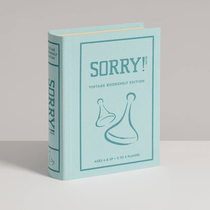 Sorry! vintage bookshelf edition game box, teal cover with logo and illustration