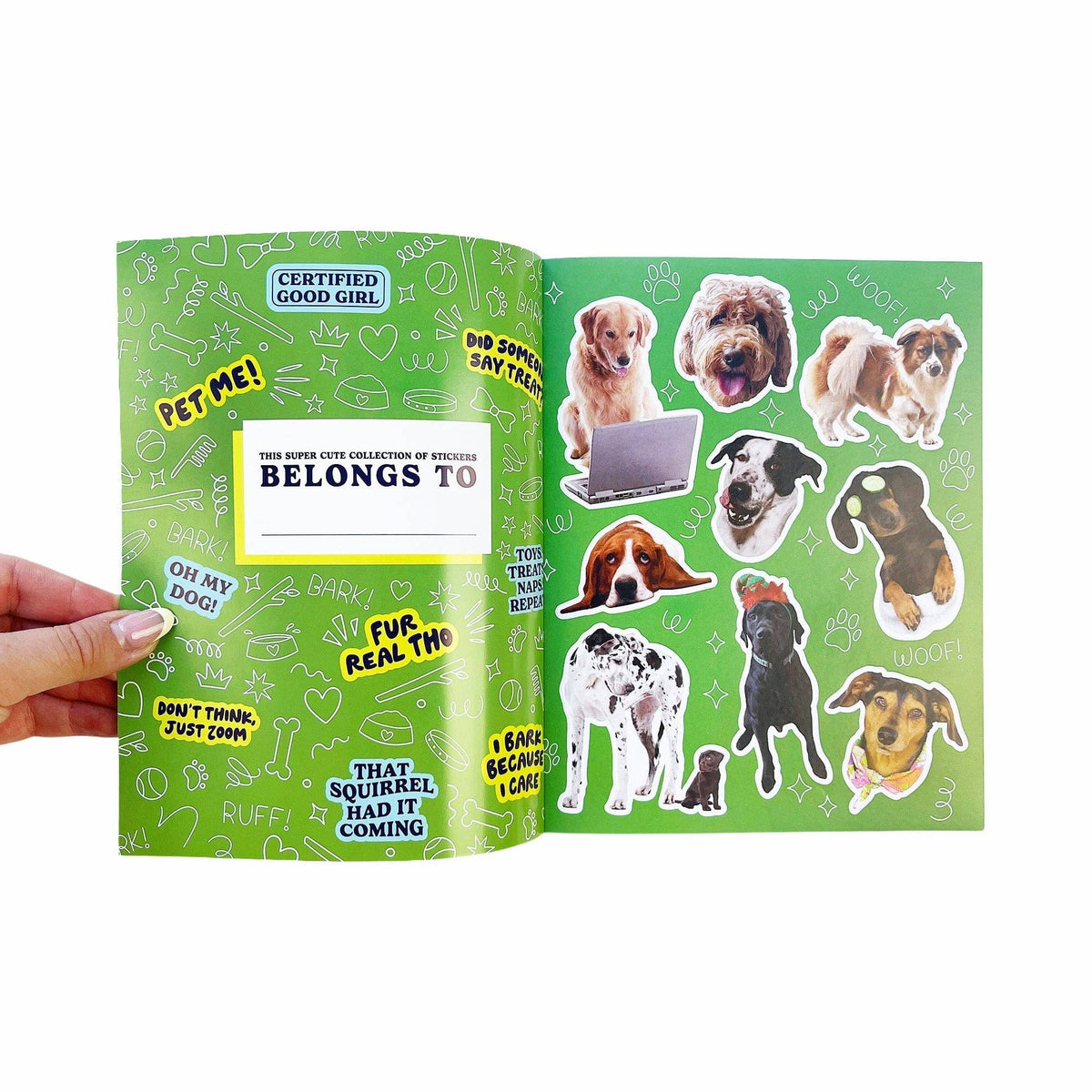 Open green dog sticker book spread with assorted dog illustrations