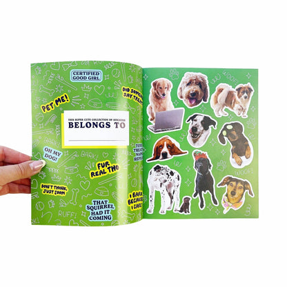 Open green dog sticker book spread with assorted dog illustrations