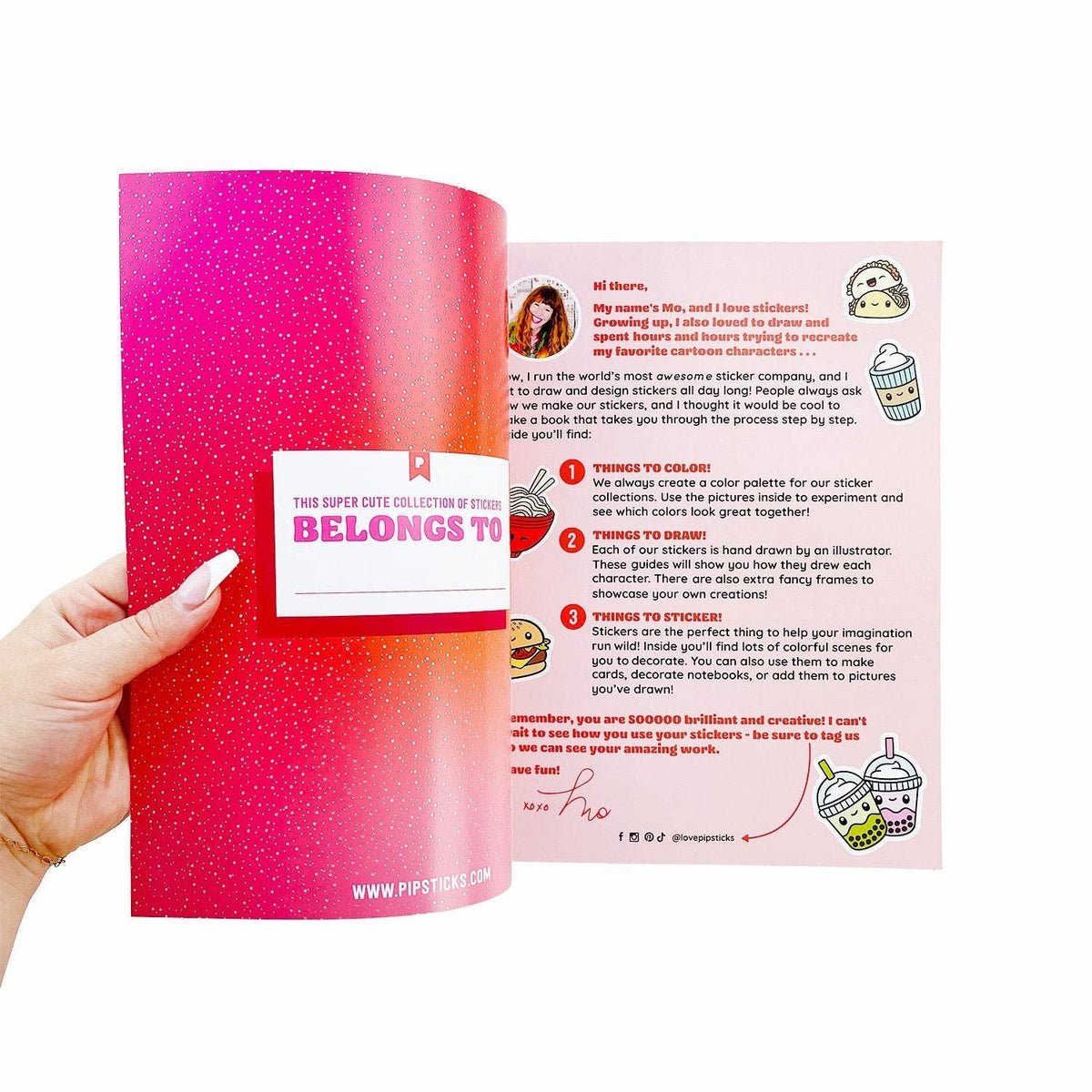 Food sticker book page with step-by-step instructions and “belongs to” card