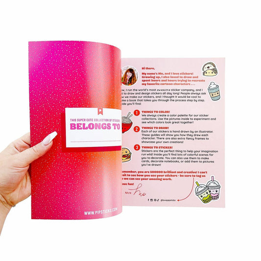 Food sticker book page with step-by-step instructions and “belongs to” card