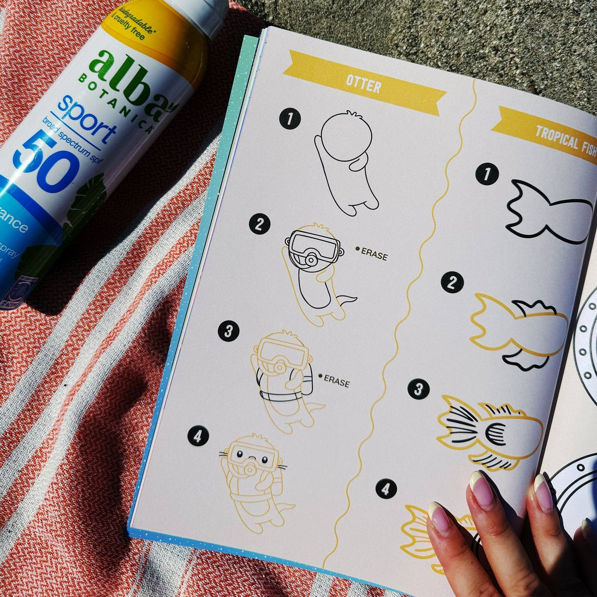 Sea life sticker book activity page with numbered steps to draw animals