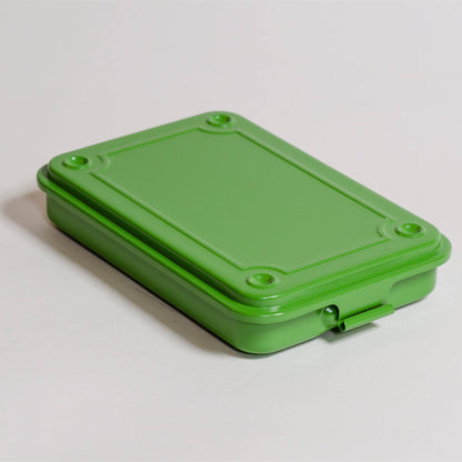 Toyo steel stackable storage box with fitted lid and front clasp, green