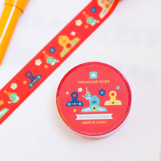Red washi tape roll with colorful icons and 'Made in China' text