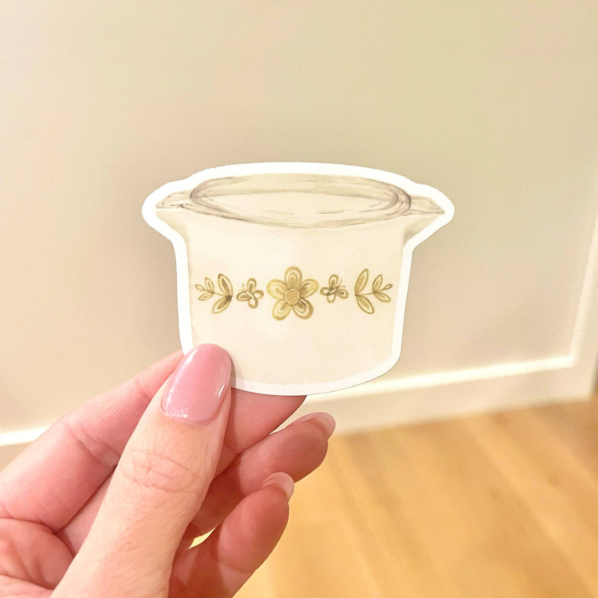 Vinyl waterproof sticker: Pyrex-style container shape with gold floral band, white outline