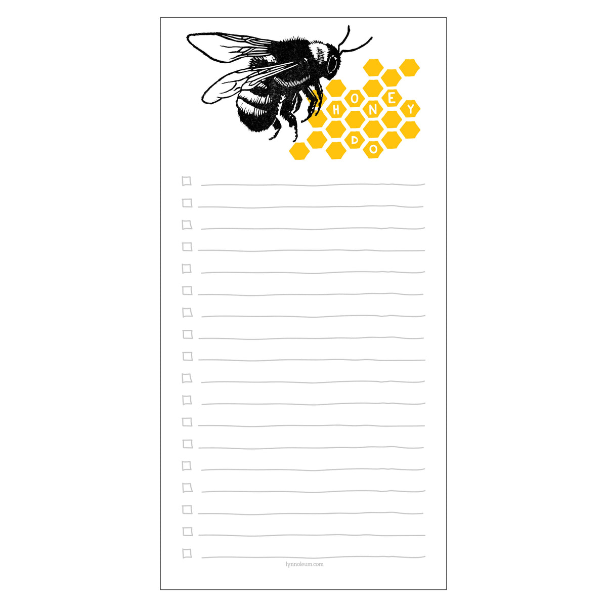 Bee notepad with honeycomb illustration at top, lined pages with left check boxes