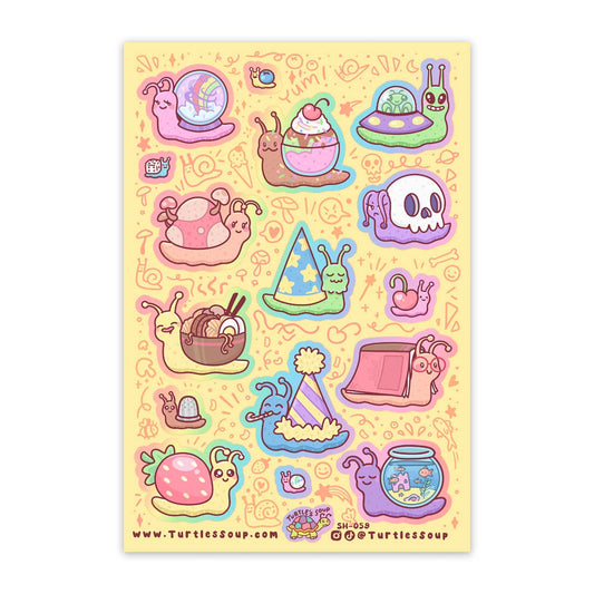Glitter sticker sheet with colorful snail-shell Halloween characters