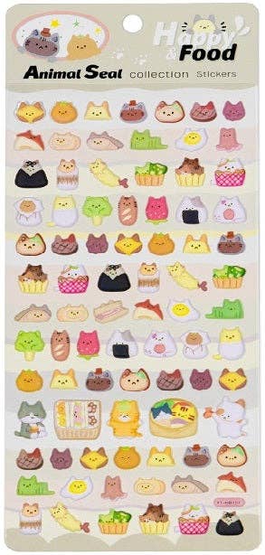 Cat food puffy sticker sheet with assorted cute animal food icons