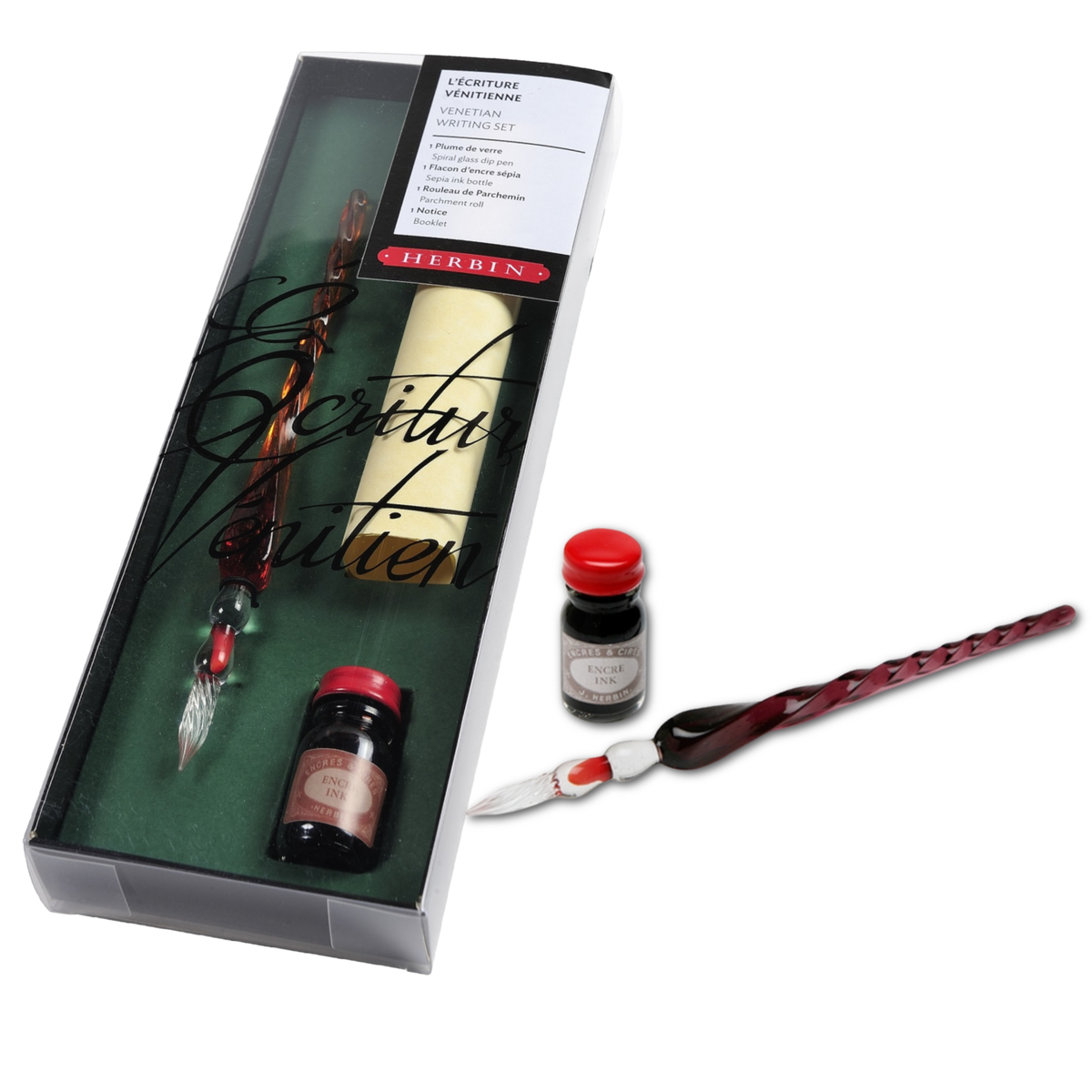 Venetian writing set in box with fountain pen and ink bottle