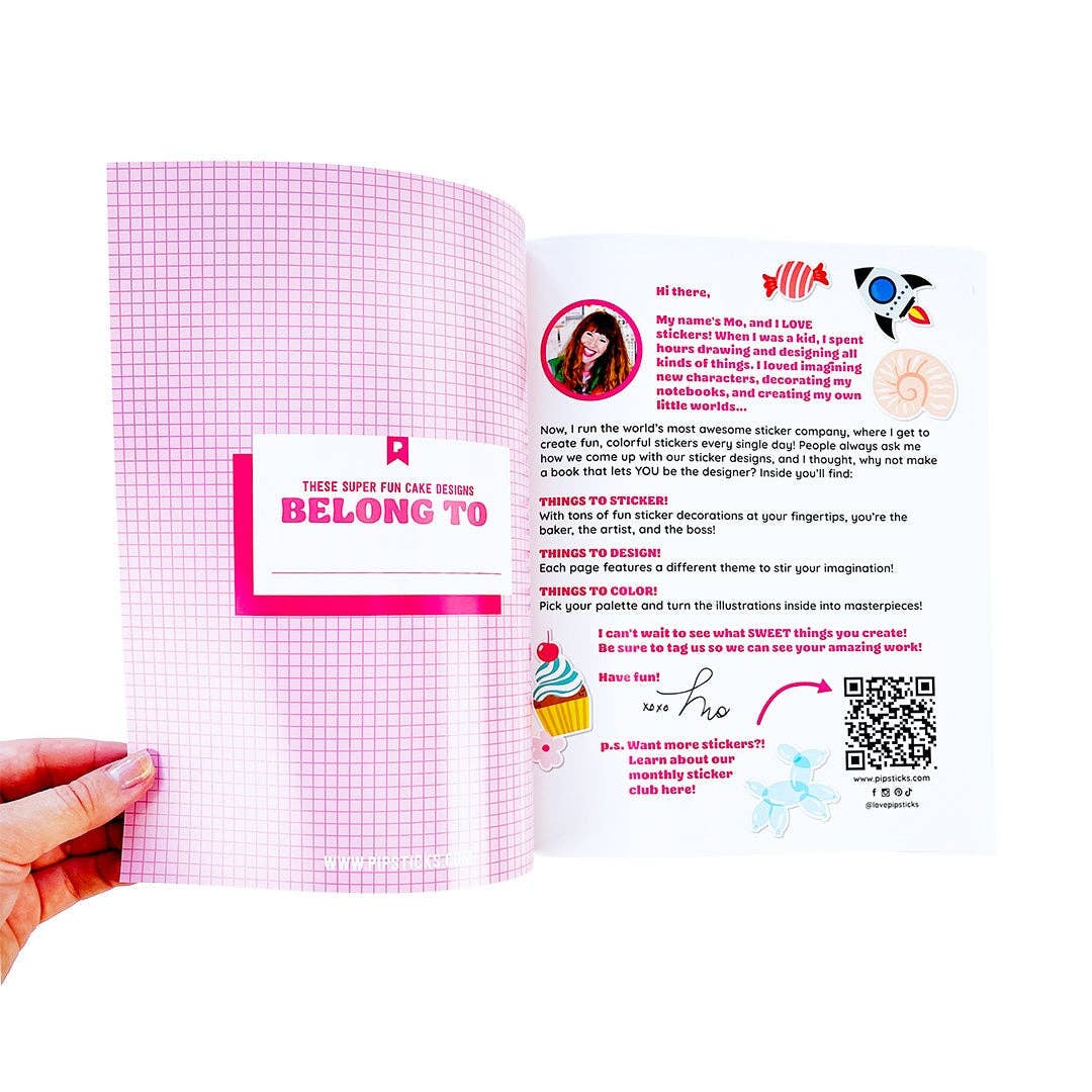 Open sticker activity book page with pink grid and a “Belong to” box