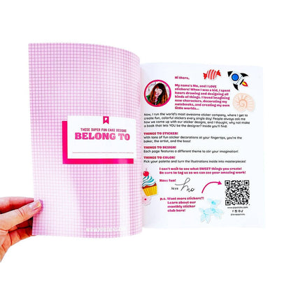 Open sticker activity book page with pink grid and a “Belong to” box
