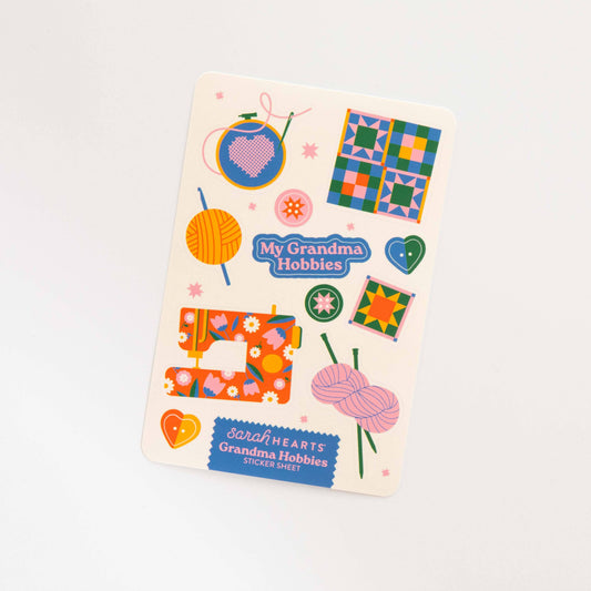 Grandma Hobbies sticker sheet with sewing, quilt, yarn, heart and flower designs