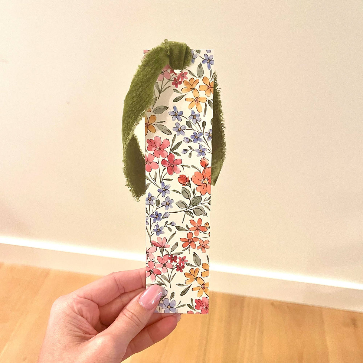 Floral double-sided bookmark with multicolor flowers and green velvet ribbon loop