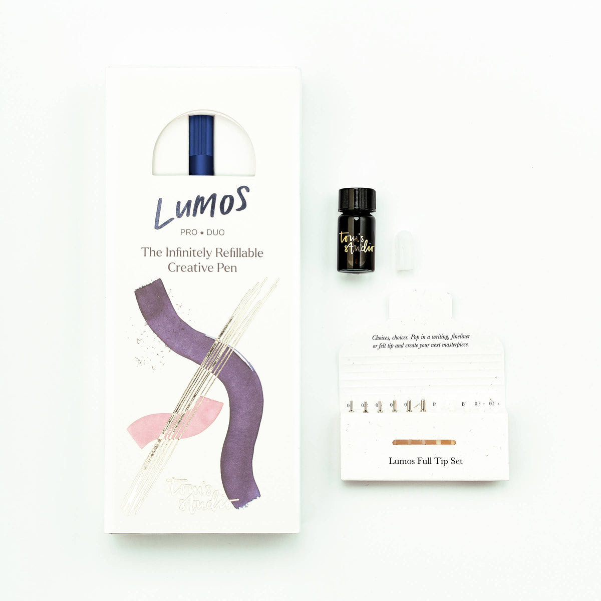 Refillable multi-tip pen duo set with box, included pen, and insert card