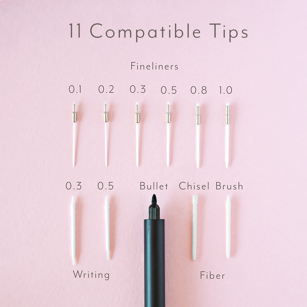 Set of 11 interchangeable pen tips with clear shafts and metal nibs
