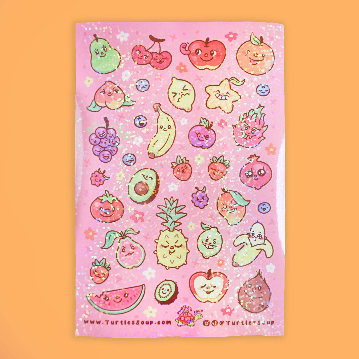 Purple-pink fruit sticker sheet with kawaii characters, flowers, and smiley icons