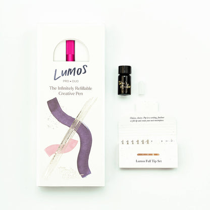 Refillable multi-tip pen set with fuchsia duo pen, box, and ink refill vial