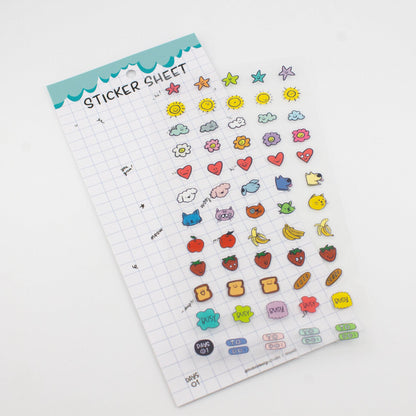 Clear sticker sheet for planners with colorful animals, fruit, bananas, and hearts