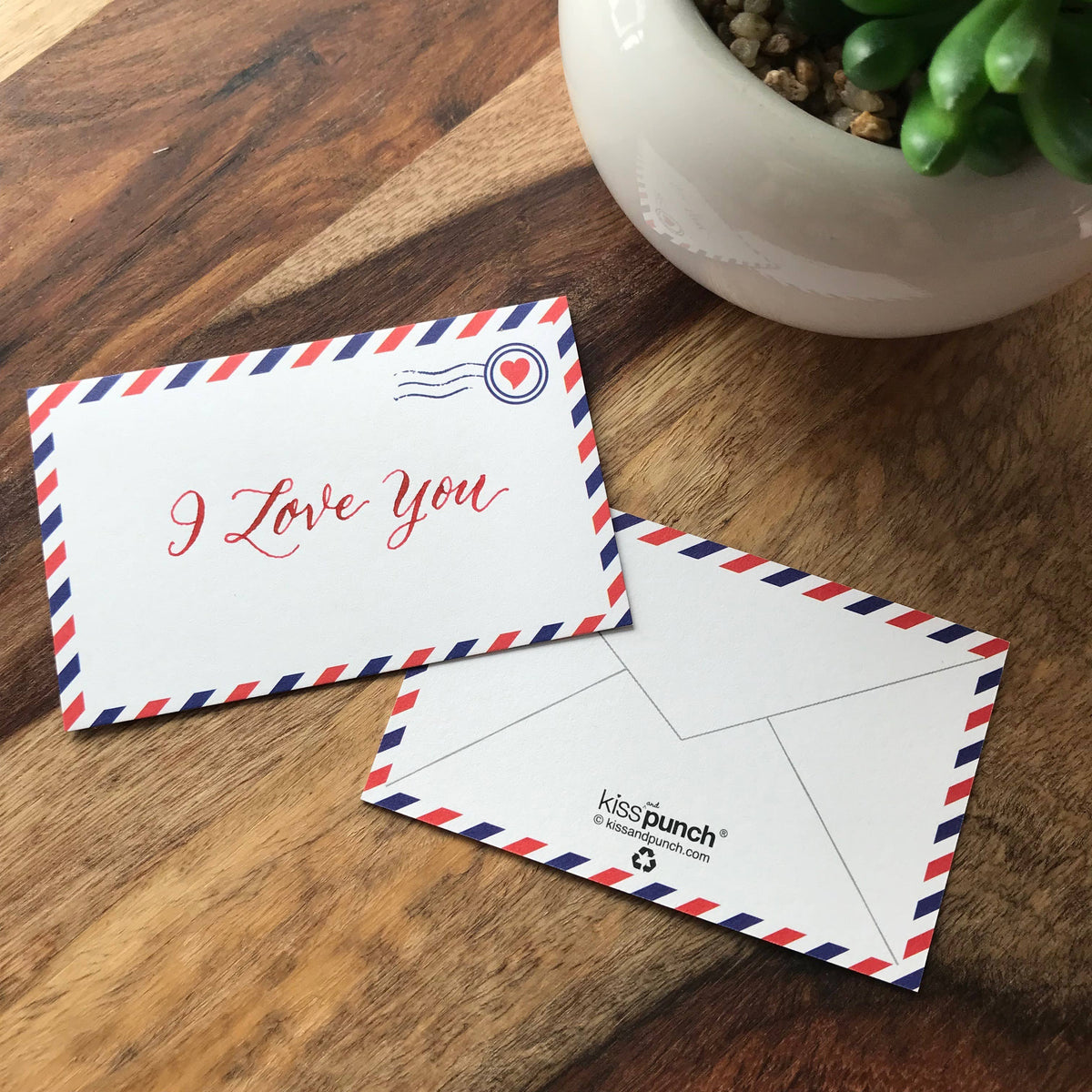 Airmail mini notecard set with red and blue border, heart stamp, and “I Love You” message