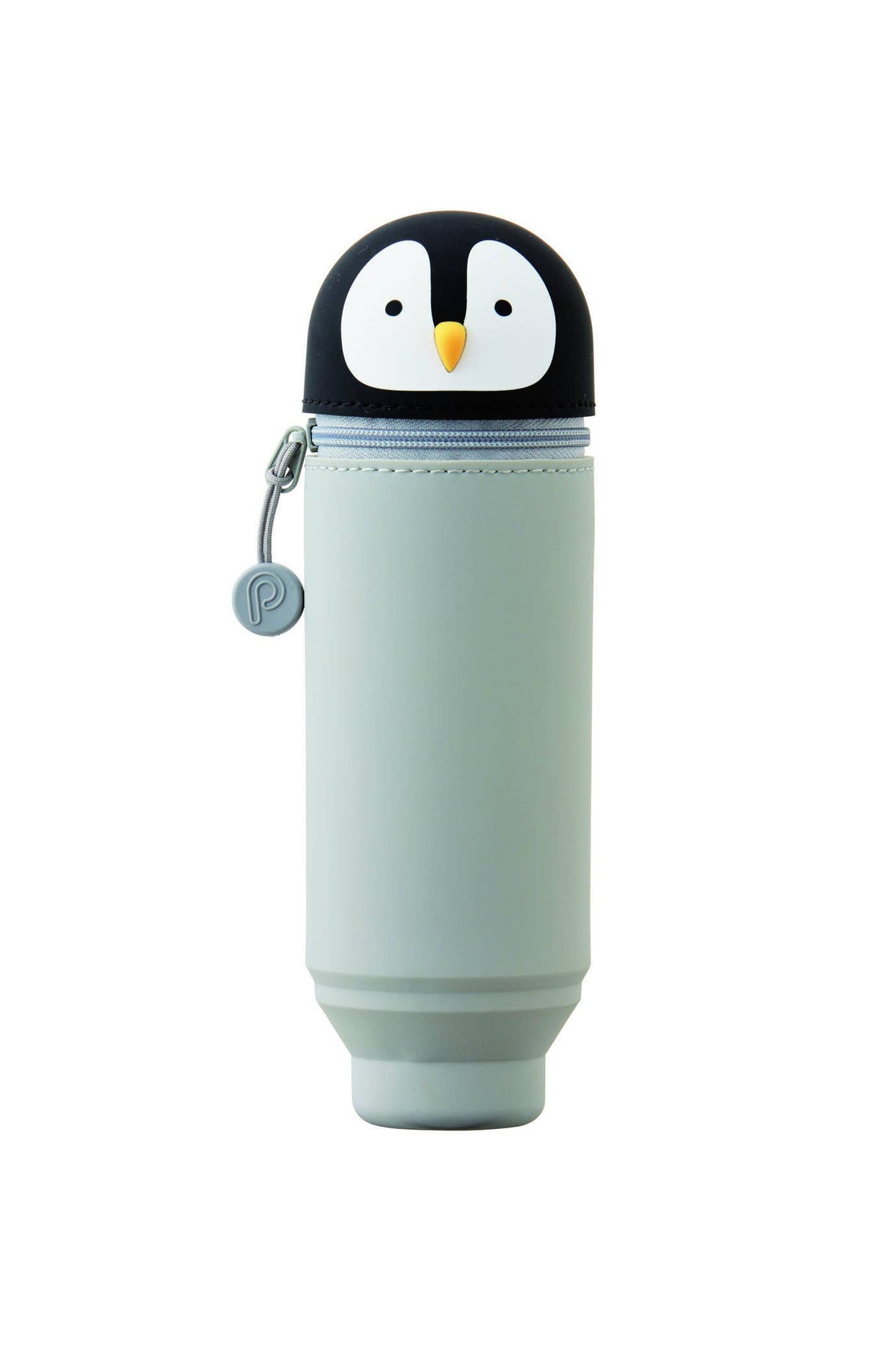 PuniLabo stand-up pen case in light blue with penguin face and side zipper pull.
