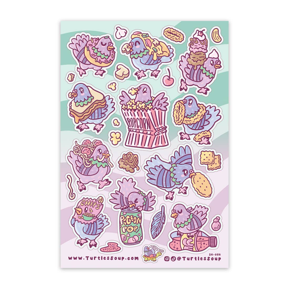 Sticker sheet with cute purple cartoon birds and snacks, multiple die-cut designs