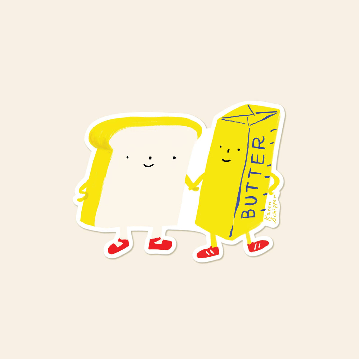 Cute vinyl sticker of smiling toast and a butter stick with red shoes