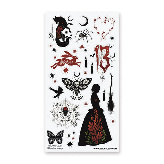 Dark fantasy sticker sheet with silhouettes, wings, spider web, moons, and leaves