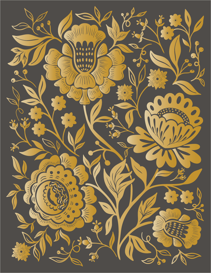 Gold foil Indian floral pattern on the dark front of a greeting card