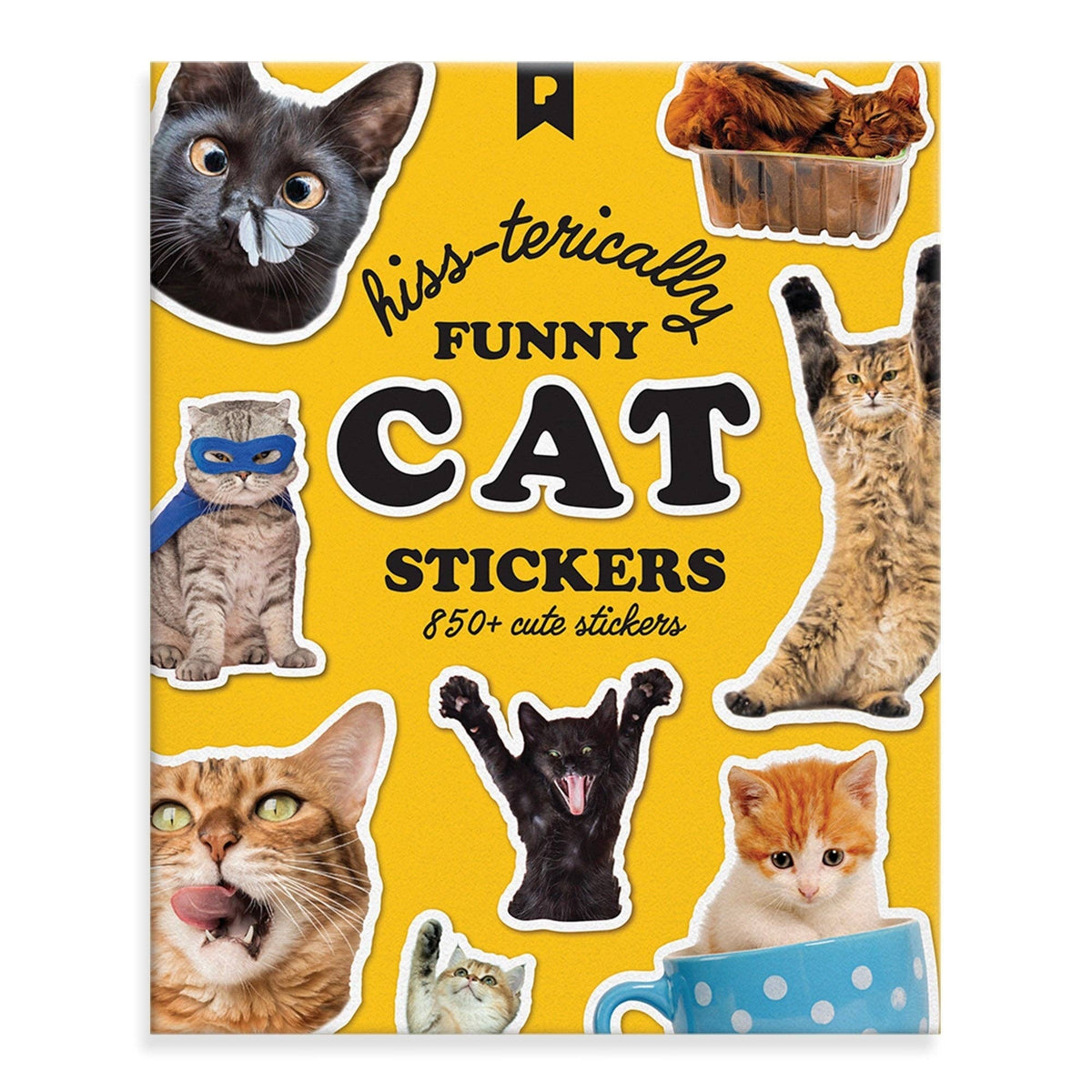 Cat sticker book with yellow cover featuring funny cat cutout stickers and text