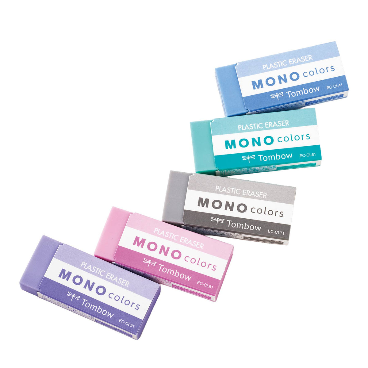 MONO Colors plastic erasers in purple, blue, green, gray, and pink wrappers