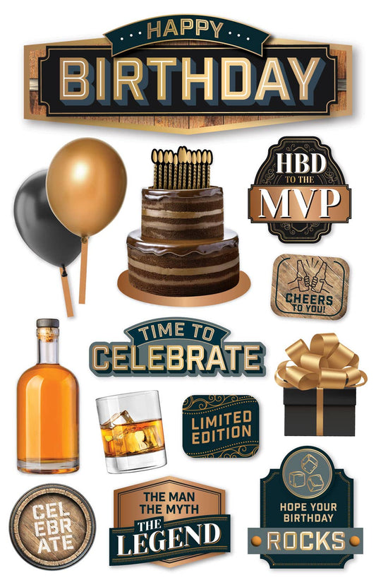 3D happy birthday scrapbook sticker sheet with cake, balloon, bottle and badge accents