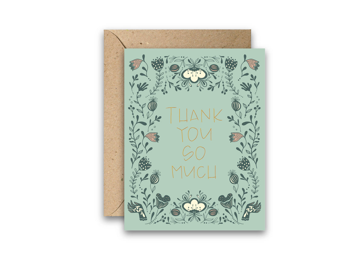Thank you greeting card with gold foil lettering, floral border and kraft envelope