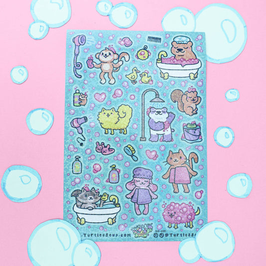 Bath-time animal sticker sheet with cats, bears, ducks, and tub icons