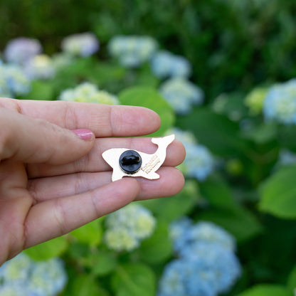 Back of whale enamel pin with butterfly clasp and round backing