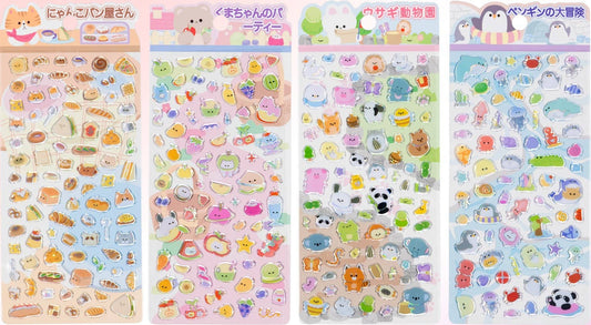 Laser glass sticker sheets with cute animal and food icons, assorted designs