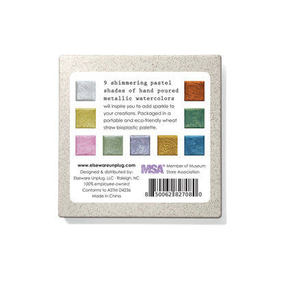 Metallic watercolor paint case back with product info and color swatch squares