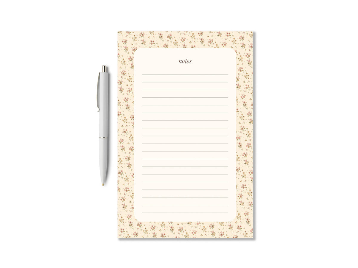 Ditsy floral watercolor to-do list notepad with 'notes' header and ruled checklist lines