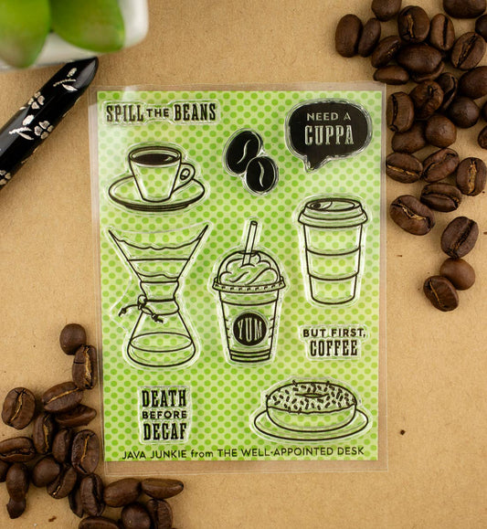 Clear coffee-themed stamp set sheet with multiple beverage and food designs.
